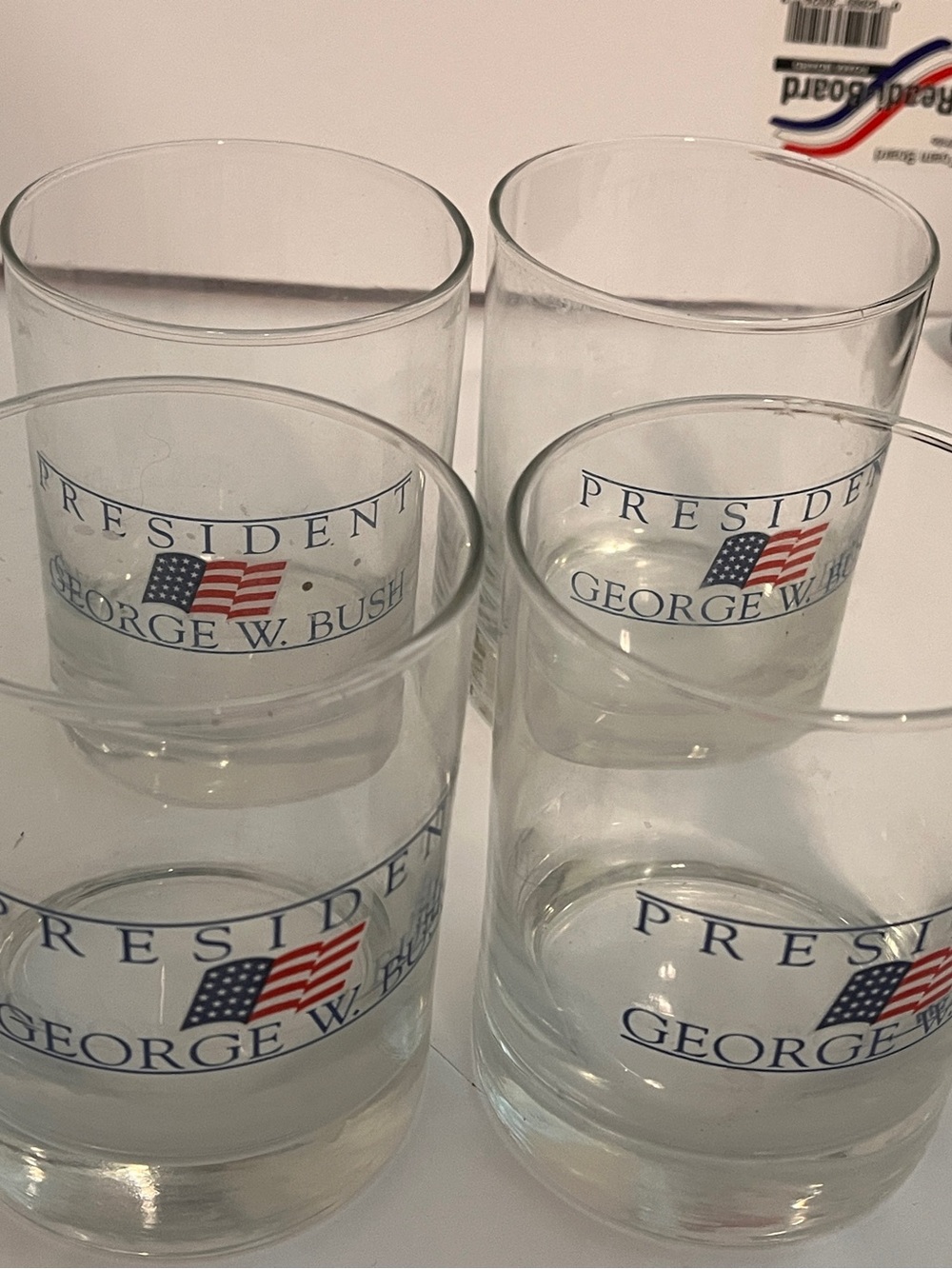 Four President George W Bush High Ball Glass Tumbler Set with Patriotic Flag